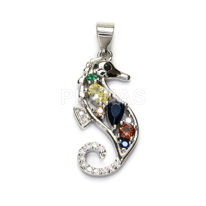 Pendant in rhodium-plated sterling silver and zircons. seahorse.