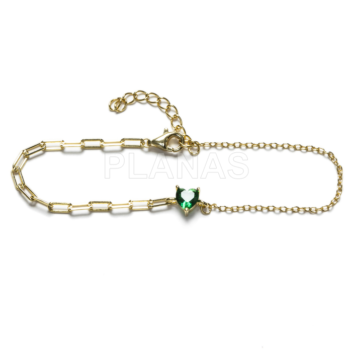 Bracelet in sterling silver and gold plated with emerald zircons. heart.