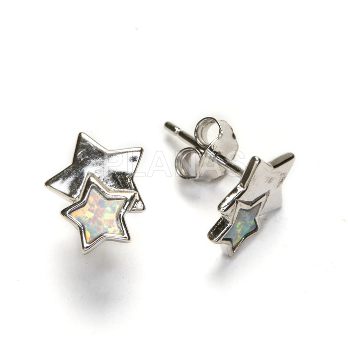 Earrings in rhodium-plated sterling silver and opal. stars.