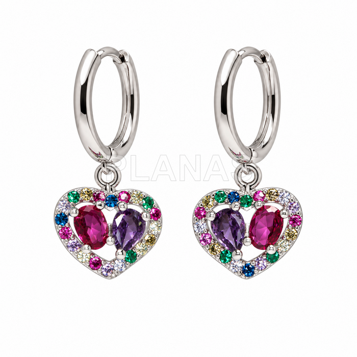 Aros en Plata de ley rodiada y circonitas de colores. CORAZÓN.