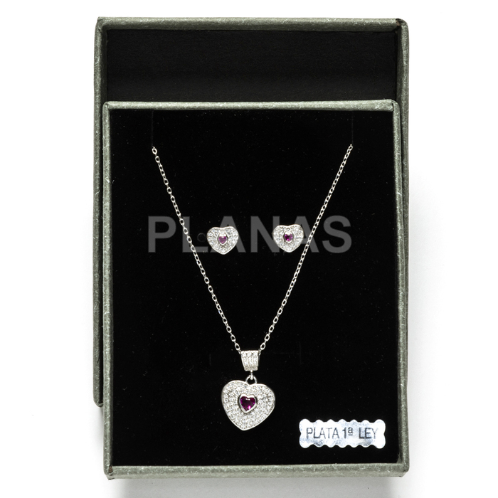Set in rhodium-plated sterling silver and white and fuchsia zirconia. heart.