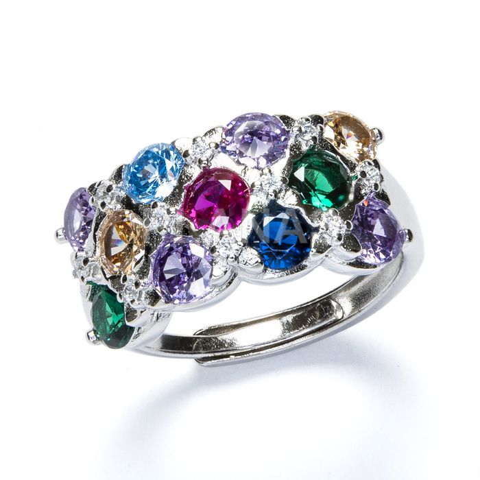 Ring in rhodium-plated sterling silver and colored zirconia.