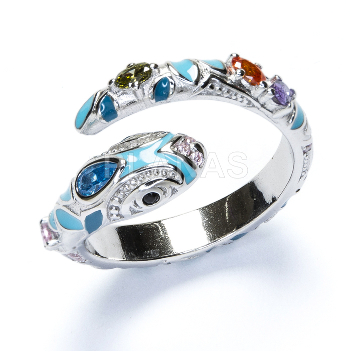 Open ring in rhodium-plated sterling silver with zircons and turquoise enamel. snake.