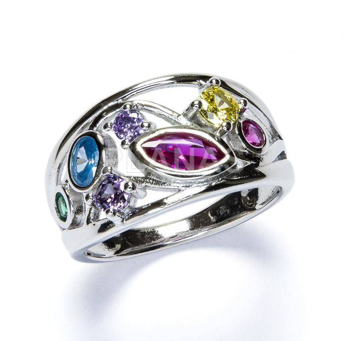 Ring in rhodium-plated sterling silver and colored zirconia.