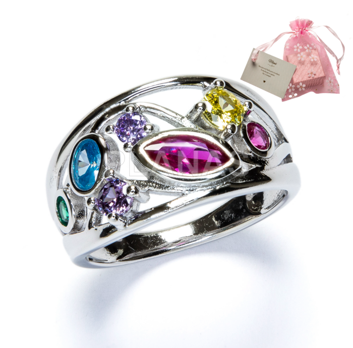 Anel em prata de lei banhada a ródio e zircônias coloridas.