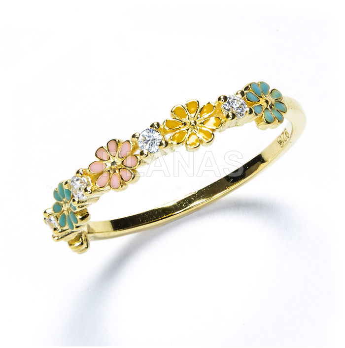 Gold plated sterling silver ring with 1 micron and enamel.flowers.