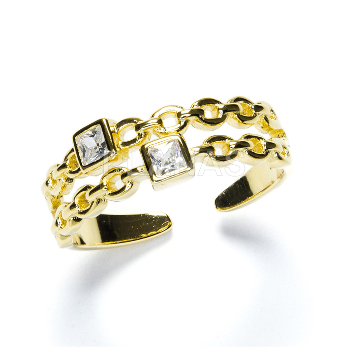 Open ring in gold plated sterling silver with 1 micron and white zirconia.