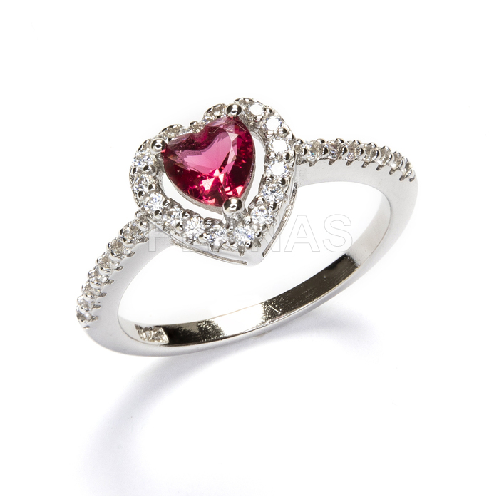 Ring in rhodium-plated sterling silver and ruby zirconia. heart.
