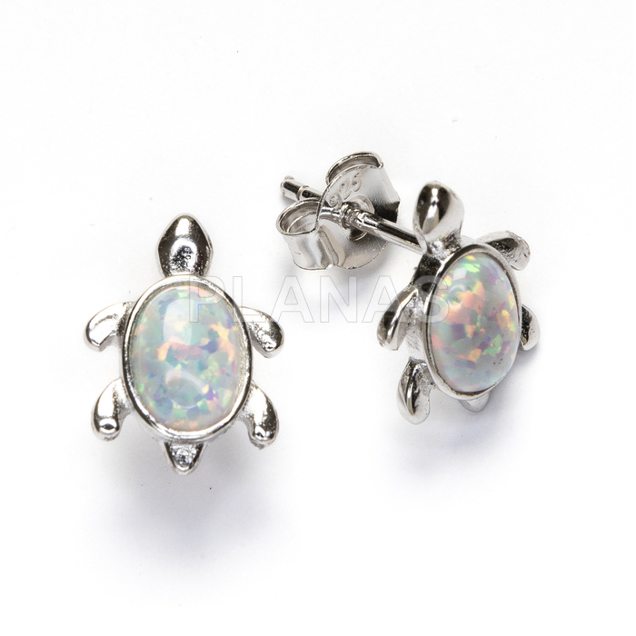 Earrings in rhodium-plated sterling silver and opal. tortoise.