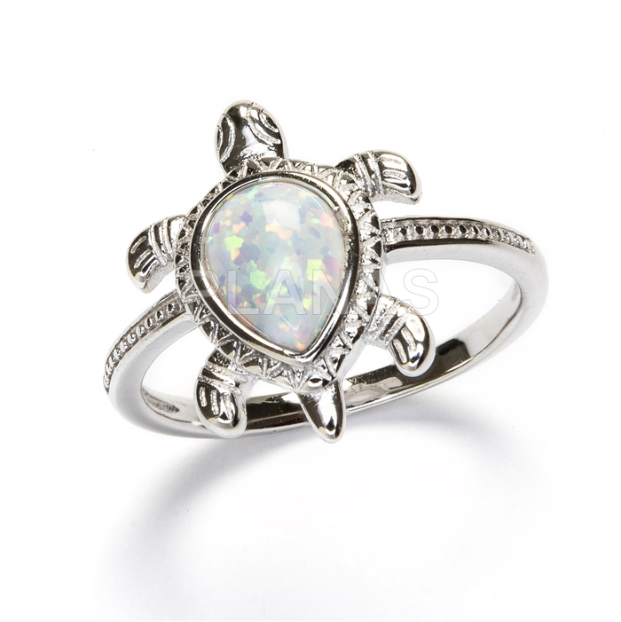 Ring in rhodium-plated sterling silver and opal. tortoise.