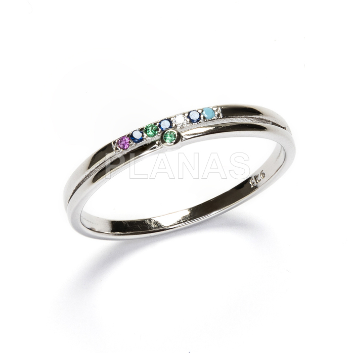Ring in rhodium-plated sterling silver and colored zircons.  
