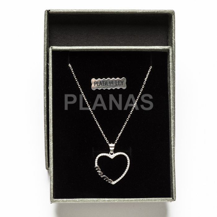 Pendant in rhodium-plated sterling silver and zirconia. heart mom.  