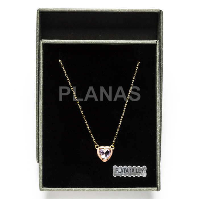 Pendant in sterling silver and gold plating with white zircons and enamel. pink heart.  