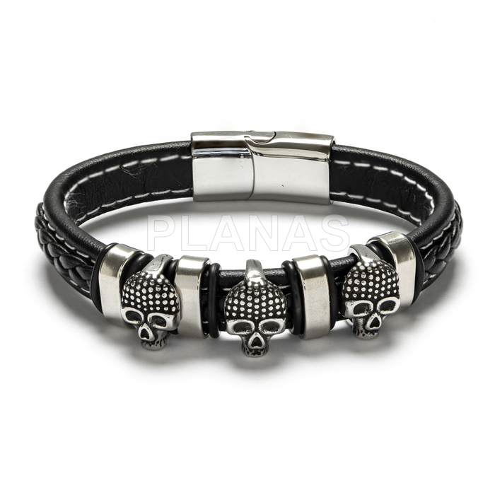 Pulsera en Cuero y Acero Inoxidable. CALAVERAS.