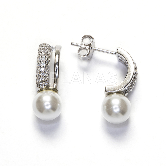 Pendientes en plata de ley Rodiada con circonitas y perla Shell de 7mm. 