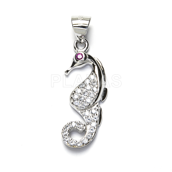 Pendant in rhodium-plated sterling silver and zircons. seahorse.