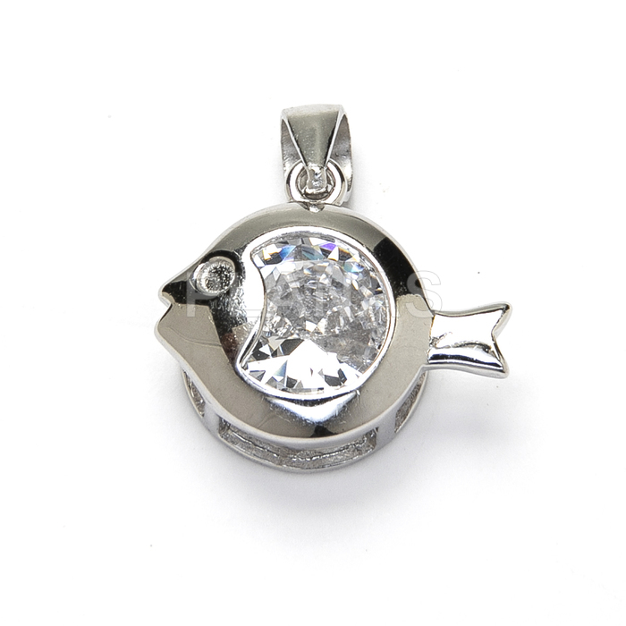 Pendant in rhodium-plated sterling silver and zircons. fish.