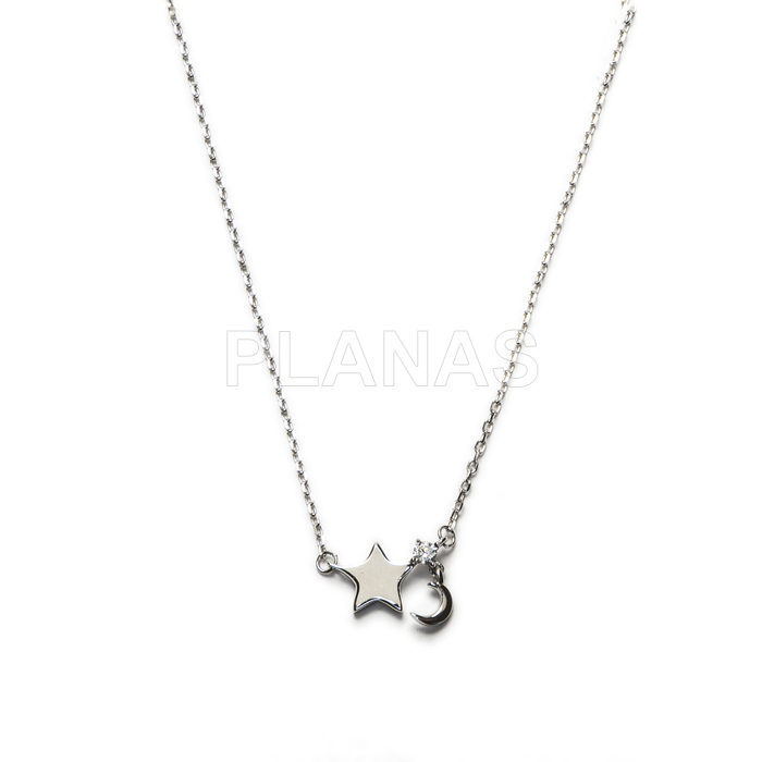 Necklace in rhodium-plated sterling silver with white zirconia. star and moons.