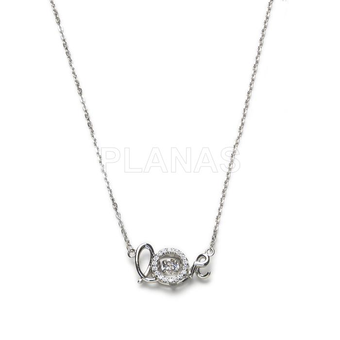 Necklace in rhodium-plated sterling silver with white zirconia. love.