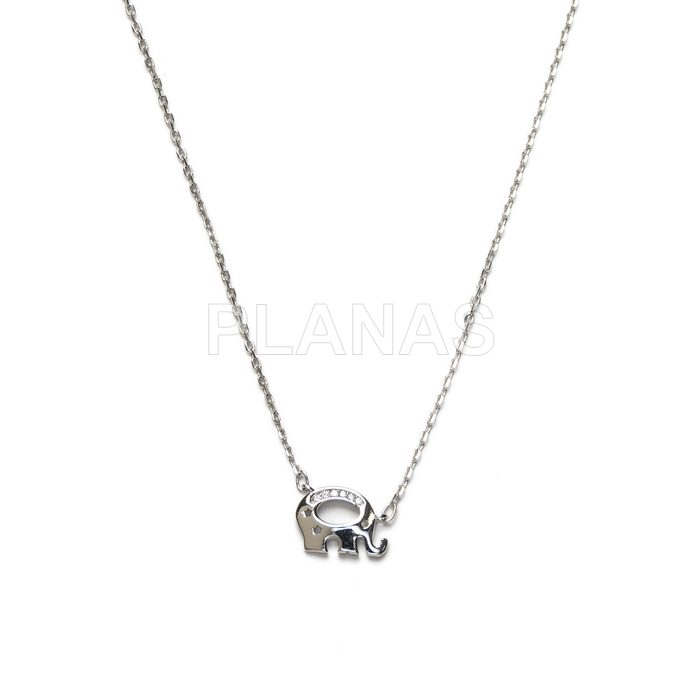 Necklace in rhodium-plated sterling silver with white zirconia. elephant.