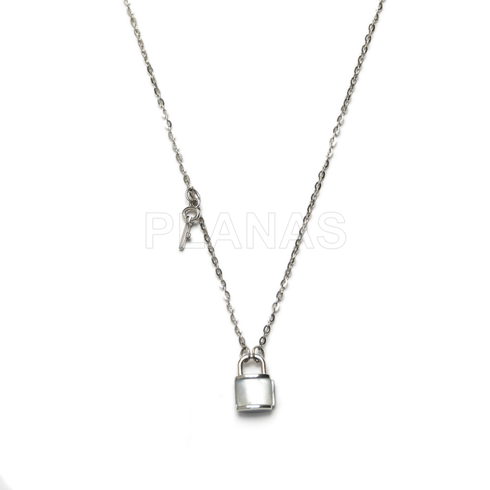 Necklace in rhodium-plated sterling silver and mother-of-pearl. key and padlock.