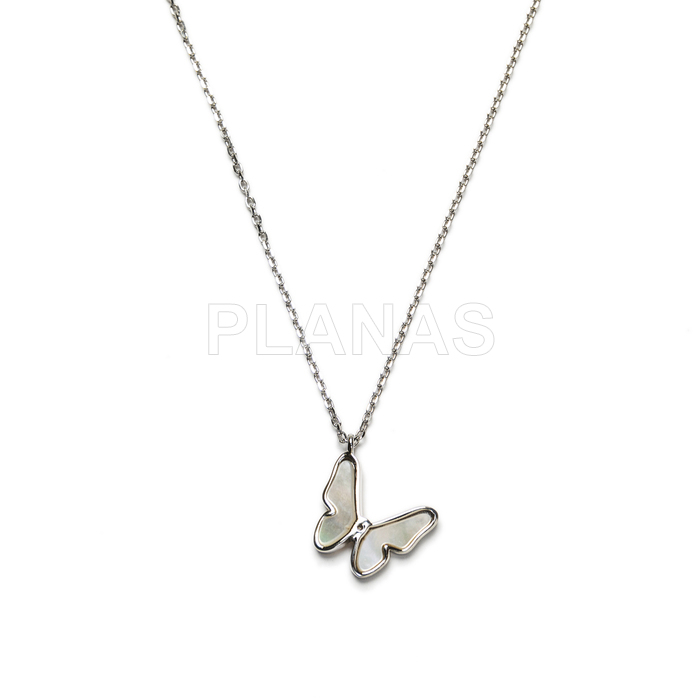 Collier en argent massif rhodié et nacre. papillon.