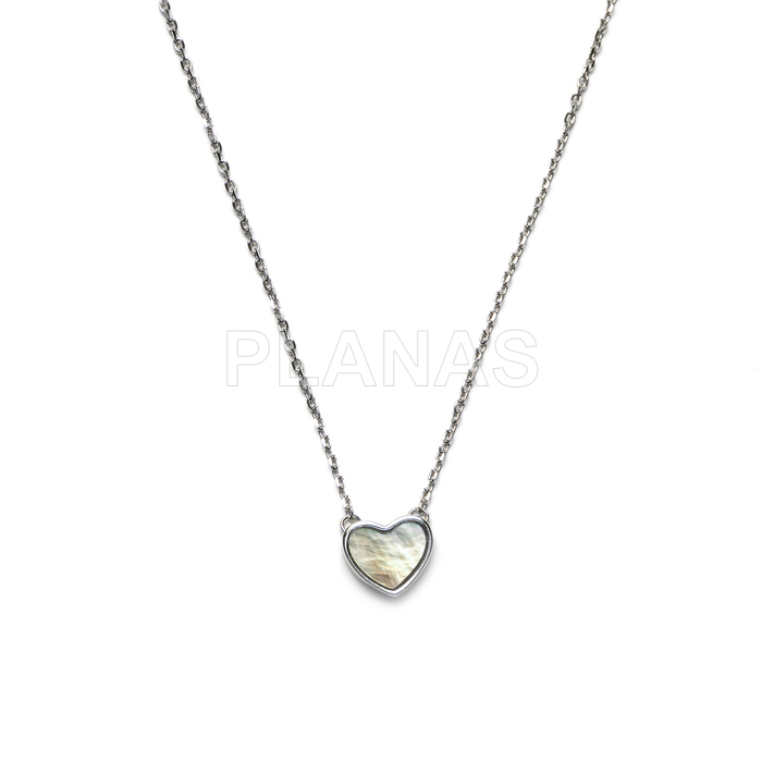 Necklace in rhodium-plated sterling silver and mother-of-pearl. heart.