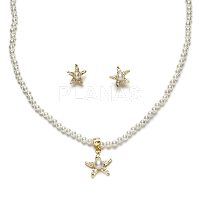 Conjunto en Plata de ley y Baño Oro con circonitas y perlas Shell de 3mm. ESTRELLA DE MAR.