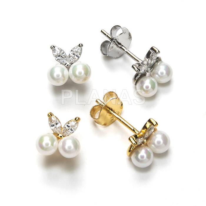 Pendientes en Plata de ley con Circonitas con perlas Shell.