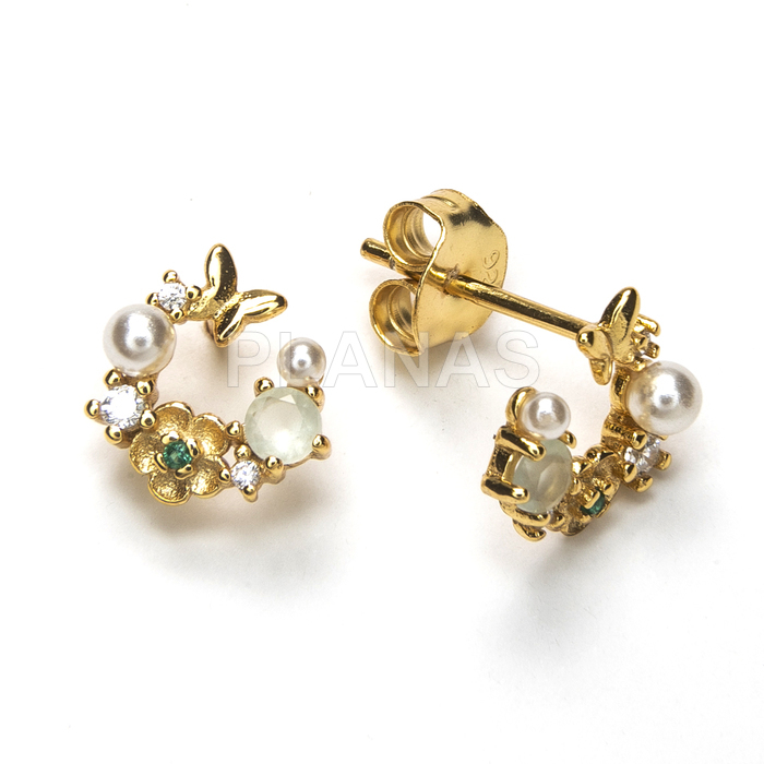 Pendientes en Plata de ley y baño oro con Circonitas con perlas Shell.