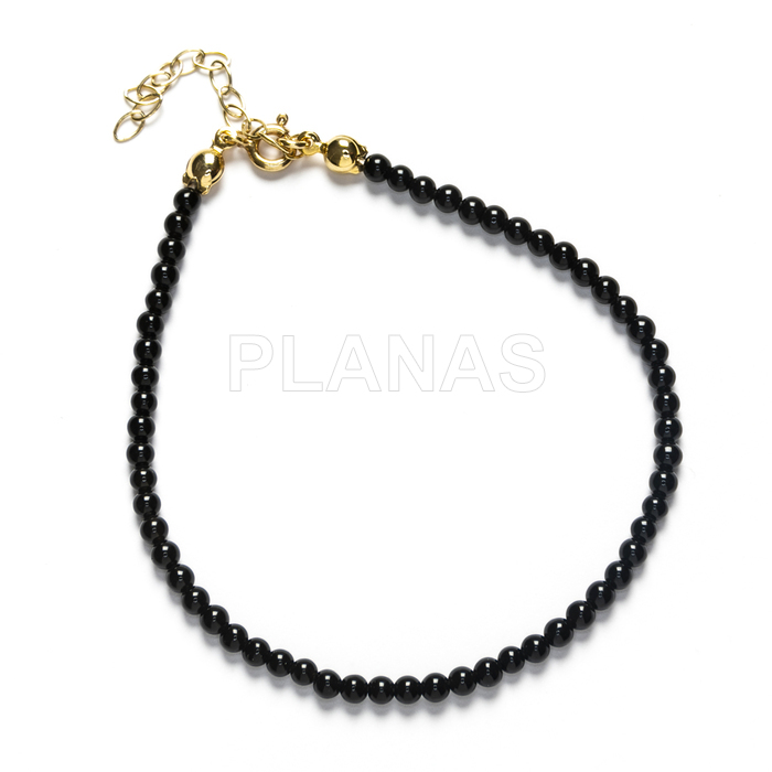 Pulseira em prata de lei e banhada a ouro com bolas de ônix de 3mm.