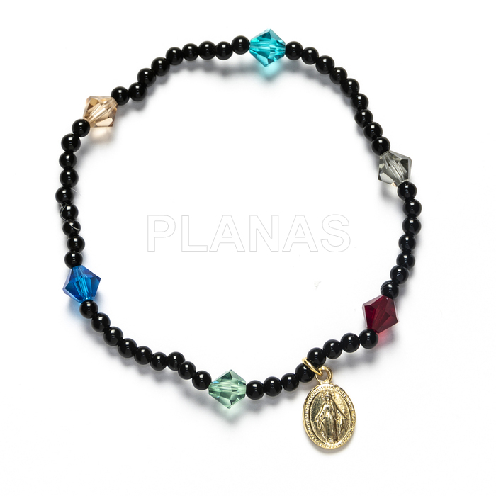 Pulsera en Plata de Ley y Baño Oro con bolas de Onix en 3mm y tupis de 6mm. MILAGROSA.