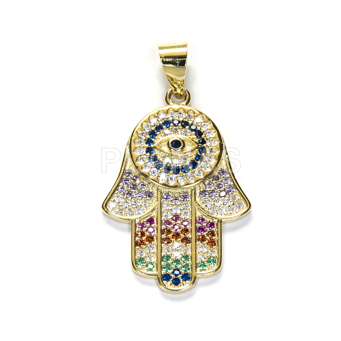 Colgante en Plata de ley y Baño Oro con Circonitas de colores. MANO DE FATIMA.
