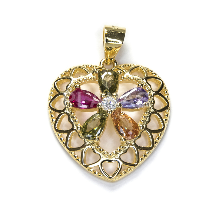 Colgante en Plata de ley y Baño Oro con Circonitas de colores. CORAZÓN.