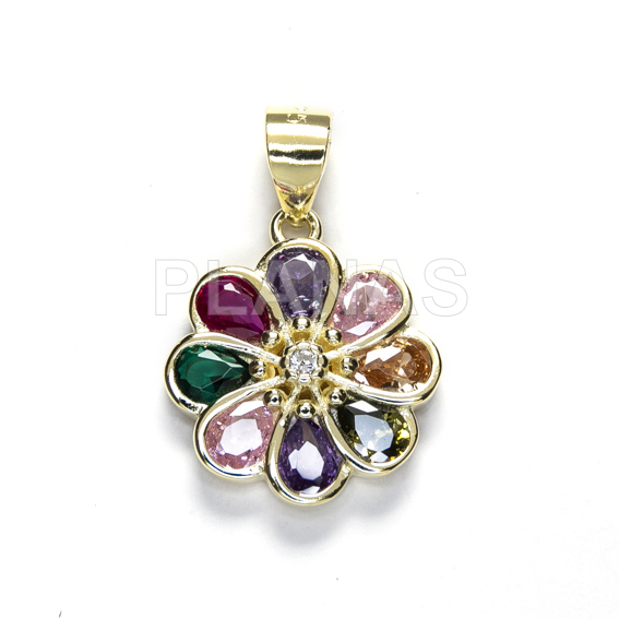 Colgante en Plata de ley y baño oro con Circonitas de colores. FLOR.