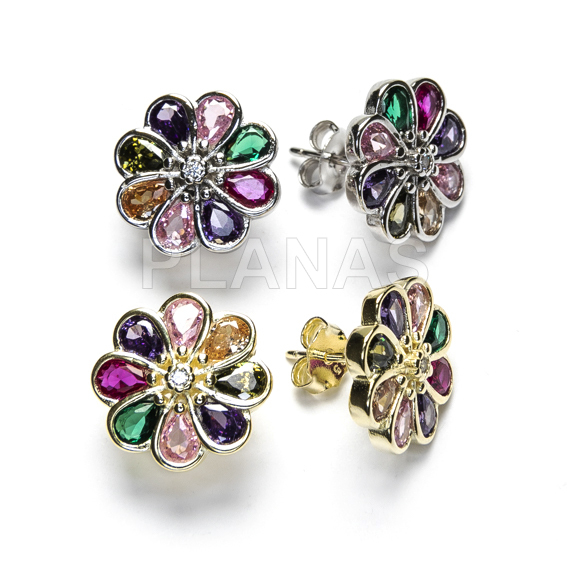 Pendientes en Plata de Ley y Circonitas de colores.  FLOR. 