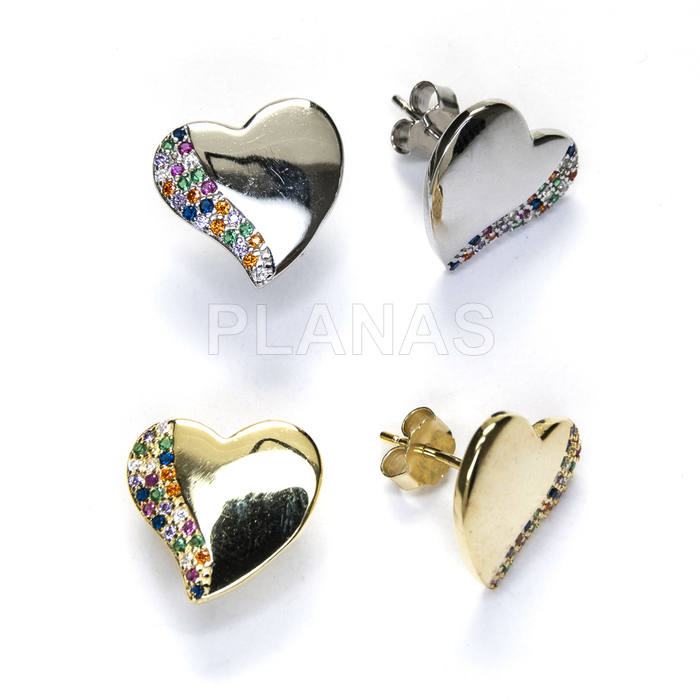 Pendientes en Plata de Ley y Circonitas de colores. CORAZÓN.  
