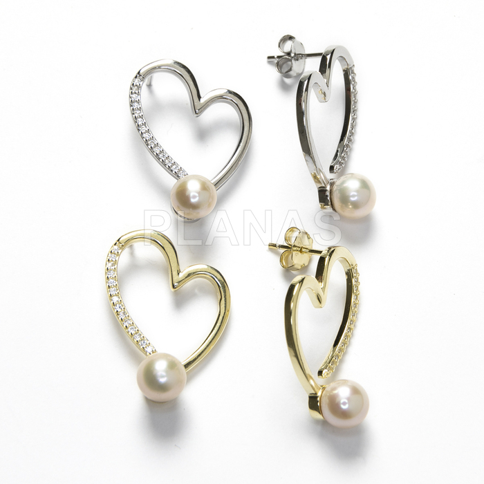 Pendientes en Plata de Ley con circonitas y Perla nacarada de 6mm. CORAZÓN.