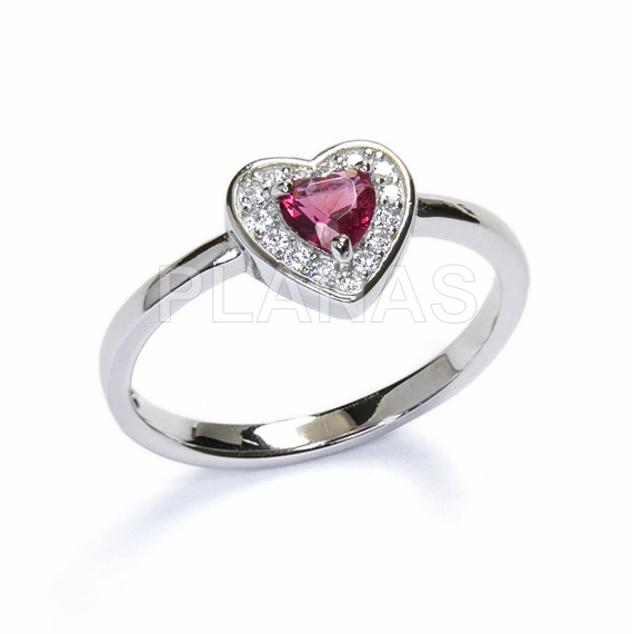 Ring in rhodium-plated sterling silver and ruby zirconia. heart.