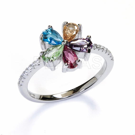 Ring in rhodium-plated sterling silver and colored zircons. flower.