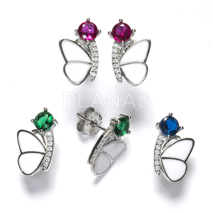 Earrings in rhodium-plated sterling silver and colored zircons with white enamel. butterfly.