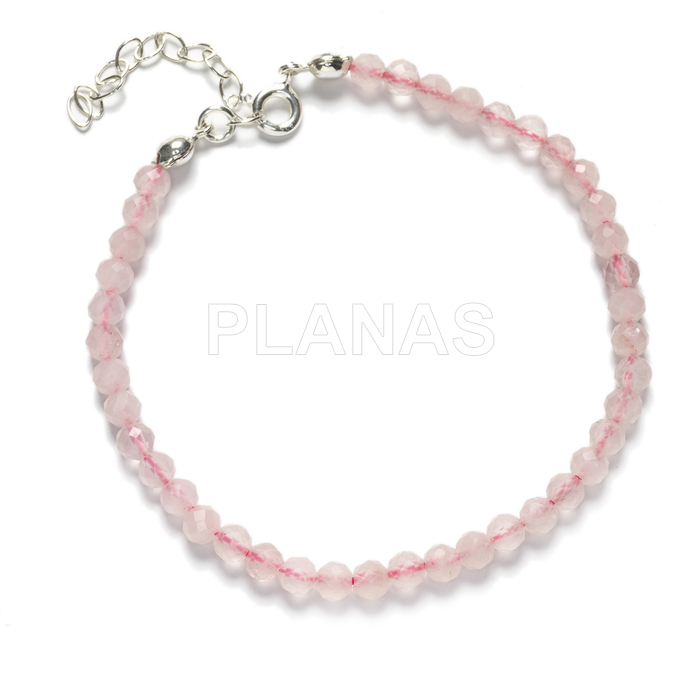 Pulseira em prata de lei e quartzo rosa de 3mm.