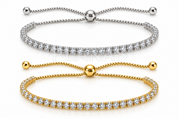 Pulsera riviere en Plata de ley y Circonitas con nudo corredero.  