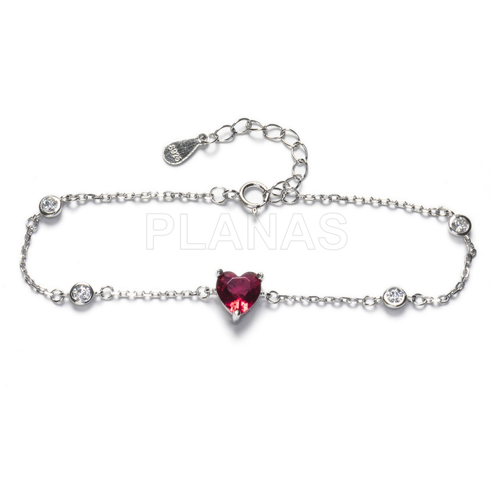 Sterling silver and fuchsia zirconia bracelet. heart.  