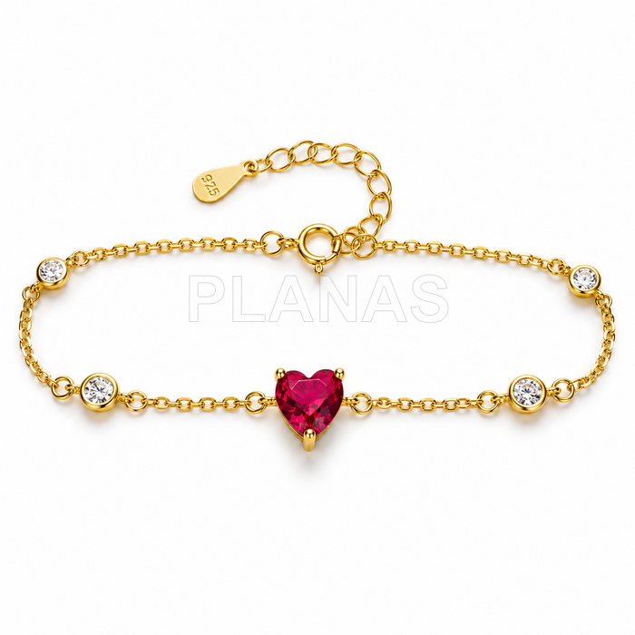 Pulseira em prata de lei e zircônia fúcsia. coração.  