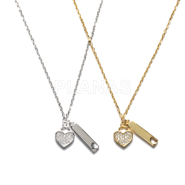 Sterling silver necklace with zirconia. heart and plate.