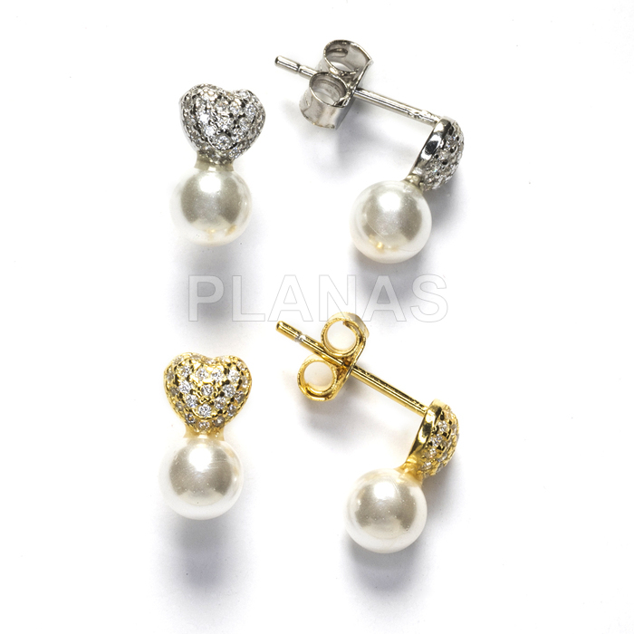 Sterling silver earrings with zircons and 5mm mother-of-pearl. heart.