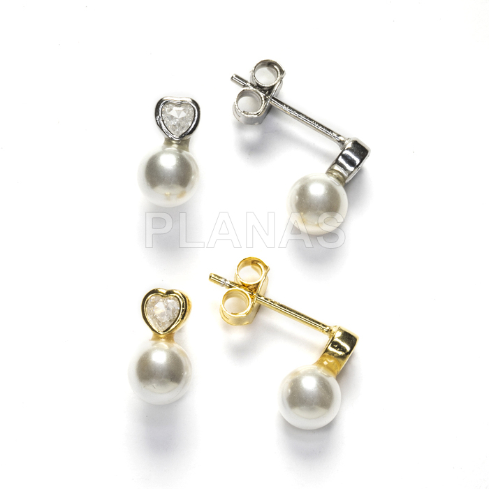 Sterling silver earrings with zircons and 5mm mother-of-pearl. heart.