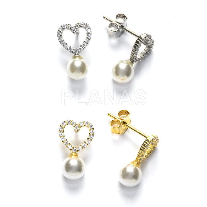 Sterling silver earrings with zircons and 5mm mother-of-pearl. heart.