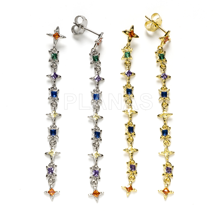 Brincos em prata de lei e zircões coloridos. estrelas.